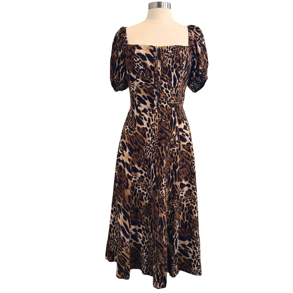 WAYF Leopard Print Puff Sleeve Midi Dress Women's Medium Smocked Statement